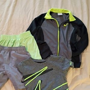 Nike Gray and Neon Green Athletic Outfit Jacket Shirt And Two Shorts Size 6